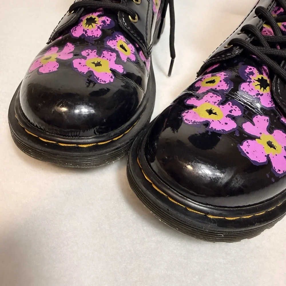 Dr. Martens 1460 J 8-Eye Patent Black Floral High Top Boot Youth Size US‎ 4